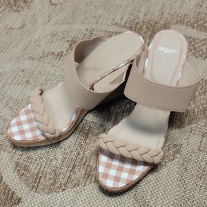 Beige Checkered Wedge Sandals